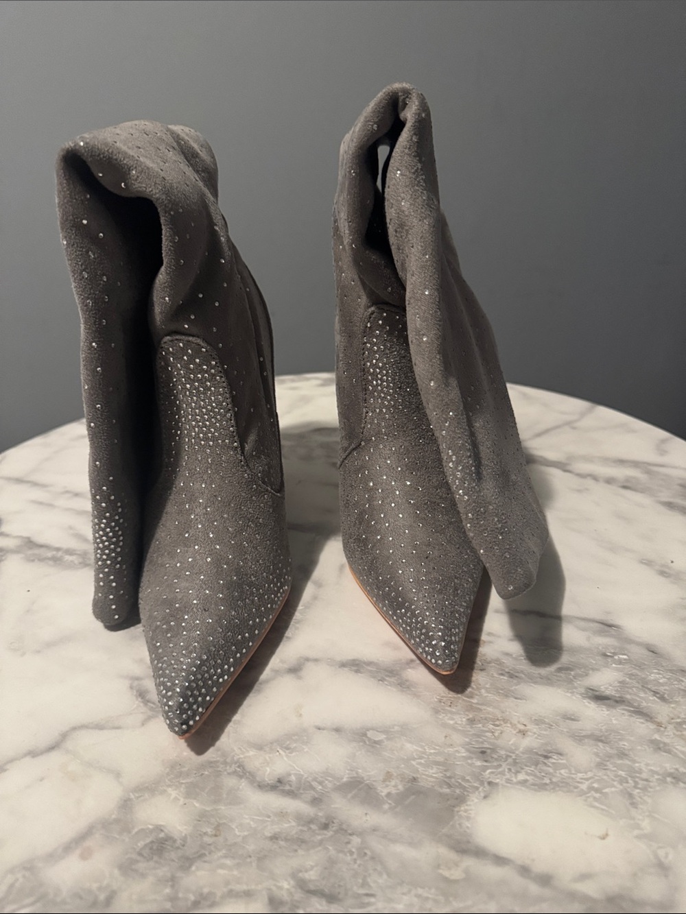 Fashion Nova Gray Suede Pointed Crystal Ankle Boots
